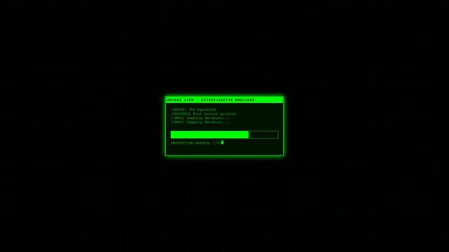 Retro Green Hacker Interface Motion Graphic Loop with Progress Bar and Data Breach Background