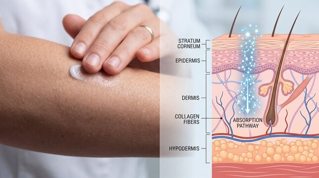 Skin penetration absorption pathway and skin layers including stratum corneum epidermis dermis collagen fibers and hypodermis are illustrated with hand applying cream showing healthcare