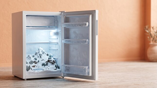 Snowy Mountain Landscape Inside a Mini Fridge