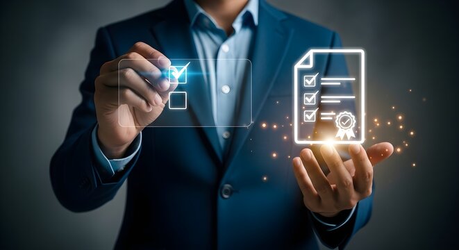 Digital Quality Assurance and Compliance businessman in blue suit checking virtual boxes and holding a glowing certified document icon ideal for corporate governance and ISO certification.