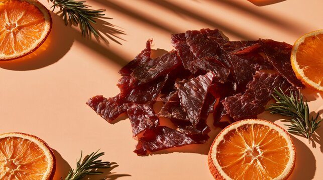 Delicious jerky arranged against a soft peach-colored background with delicate shadows, paired with dried orange slices and tiny rosemary branches, warm contemporary palette