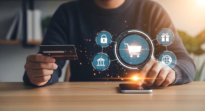 Secure Online Shopping Experience with person holding credit card and interacting with digital e-commerce icons on smartphone, ideal for fintech marketing and perfect for e-commerce banners.