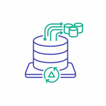 Database migration icon with data transfer arrows, server storage synchronization symbol, cloud computing and digital backup concept