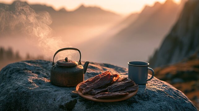 Delicious jerky arranged beside a campfire kettle and enamel mug on a large outdoor rock, distant mountain peaks softly visible through morning mist, warm sunrise illumination