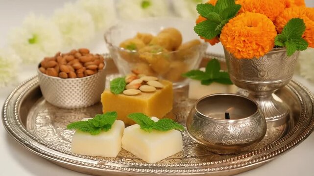 Govardhan Puja street scenes Traditional sweets and flowers on a silver tray. Hindu rituals with cow and mountain symbols Festive offerings during Indian religious ... See More