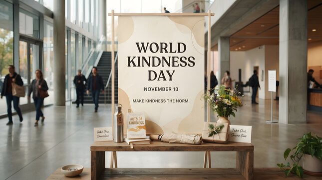 World kindness day sign displayed on a wooden table in office lobby
