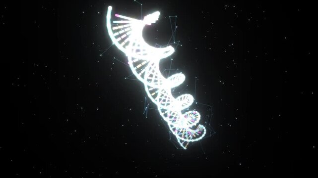 Glowing DNA Double Helix Rotating in Dark Digital Space