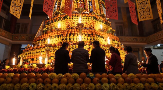 Group praying before large marigold ofrenda in hall interior