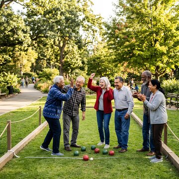 Diverse group of seniors enjoying a game of bocce ball in a park.