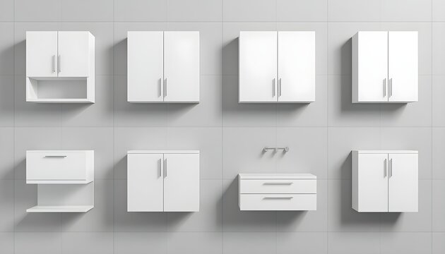 White wall-mounted cabinets grid layout product mockup