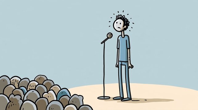 Personnage anxieux face &agrave; une foule de galets avant de prendre la parole en public