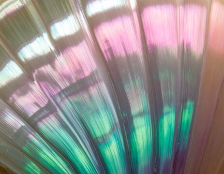Iridescent mother of pearl with radiating rainbow sheen, luxury texture background with copy space