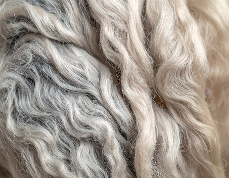 Natural undyed wool fibres in soft curls, warm texture background with copy space
