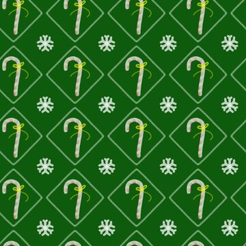 Christmas seamless pattern with candy cane and snowflakes elements on green background