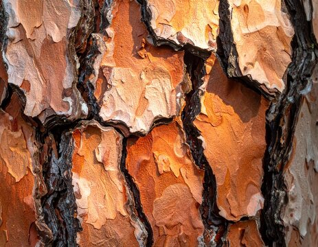 Rough pine tree bark with deep fissures, natural texture background with copy space