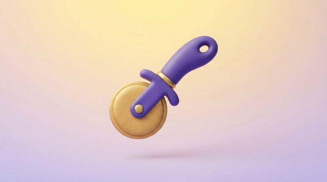 3D render of a purple pizza cutter tool isolated on a soft gradient background for food design