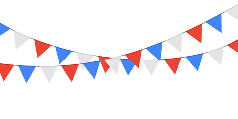 Obraz premium Colorful French festive pennant garland with triangular flag creating cheerful party atmosphere vector illustration background. Bright birthday bunting banners for celebration decor.