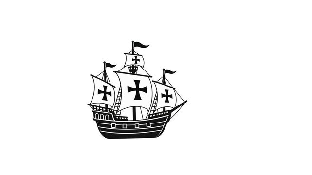 Columbus ship animated sailing caravel vessel silhouette moving left to right 4k white background.