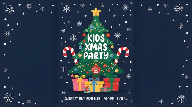 Festive kids christmas party invitation with a decorated tree and falling snow