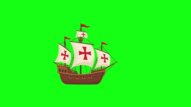 Columbus ship animated sailing caravel vessel moving left to right 4k green screen background.