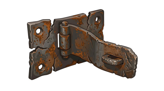 Rusted metal hinge with lock hasp and heavy bolts showing corroded industrial details perfect for medieval gate or old prison door game assets.