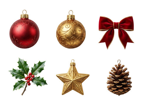 Christmas ornaments collection, red and gold holiday decorations, festive baubles and winter icons