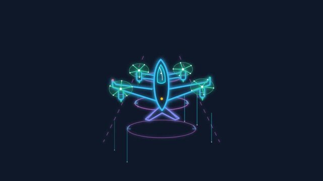 Neon Line Art Animation of eVTOL Flying Taxi Landing