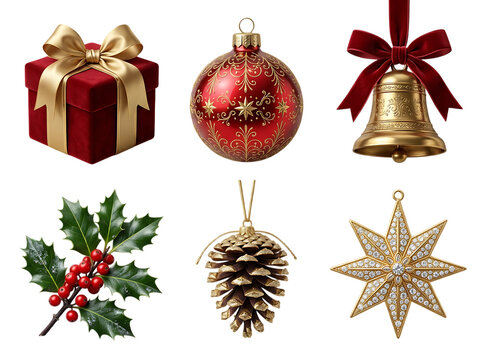 Christmas holiday ornaments set, red and gold festive decorations, 6 winter celebration elements