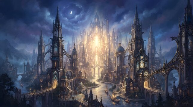 Dramatic fantasy cityscape with glowing light and intricate gothic architecture at night