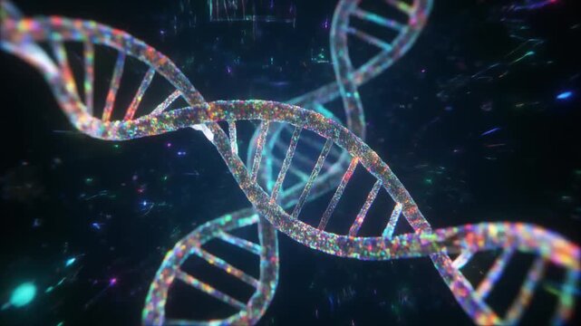 Dynamic, shimmering helical deoxyribonucleic acid structures intertwine and pulsate with vibrant cosmic energy, representing life's intricate blueprints and the profound mysteries of genetic