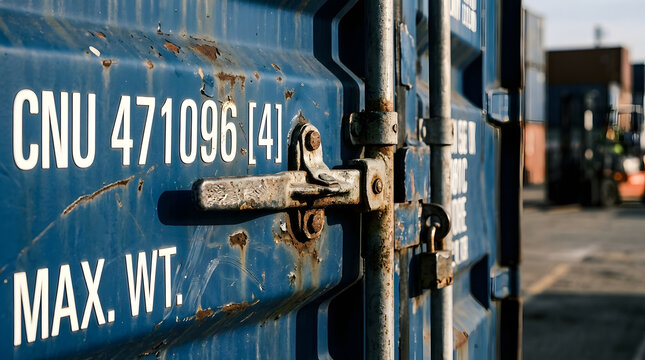 Close up of a rusty blue shipping container lock with industrial markings at a logistics terminal