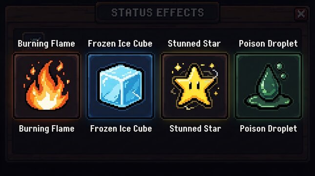 Pixel art status effects menu showing fire ice star poison