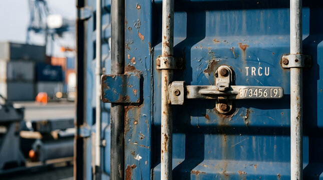 Close up of a weathered blue cargo container locking bar and handle at a busy commercial shipyard