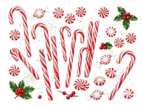 Christmas candy cane collection, red and white peppermint sweets, festive holiday sugar treats