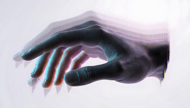 Digital glitch motion and futuristic human hand gestures. Cyberpunk technology and virtual reality interfaces. Hand moving through digital space with chromatic distortion