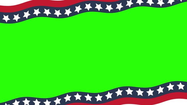 USA flag animated waving star border frame loop 4k green screen background.