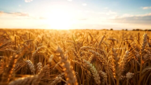 Golden Wheat Field at Sunset with Warm Sunlight and Blue Sky