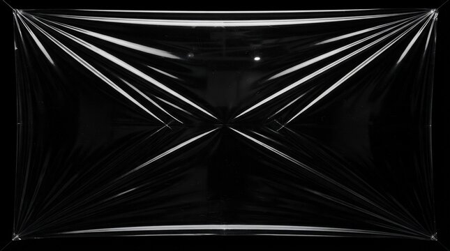 Stretched transparent polyethylene plastic sheet texture with reflective wrinkles on black background for design overlay.