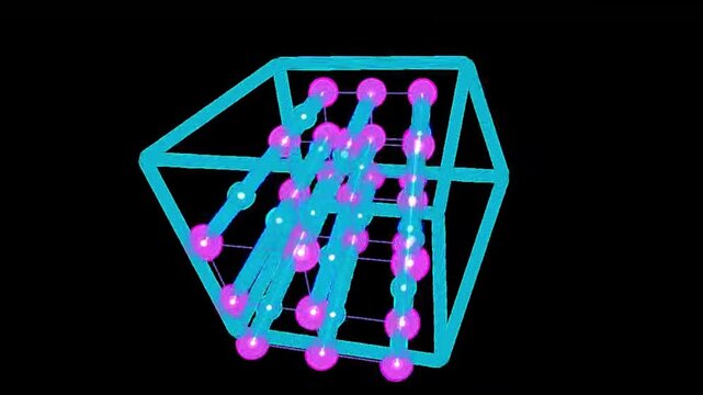 3D Animation of Glowing Molecular Crystal Lattice in Wireframe Cube