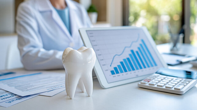 Dental tooth model next to a tablet displaying financial charts and a calculator on a clean clinic desk, printed insurance documents and dental business paperwork in the background, healthcare finan