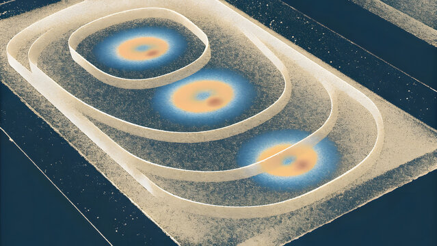 Concentric circular tracks and abstract digital data flow. Process optimization and quantum computing pathways. Luminous rings forming layered orbital loops on dark surface