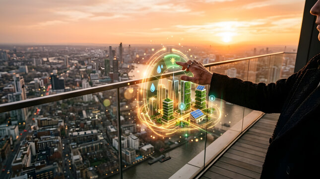 Hand Interacting with a Futuristic Sustainable Smart City Hologram Over a Metropolitan Skyline at Sunset