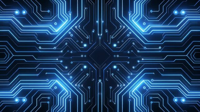 Intricate glowing blue circuit board patterns pulsate with vibrant energy, suggesting advanced technology and complex data flow within a digital network
