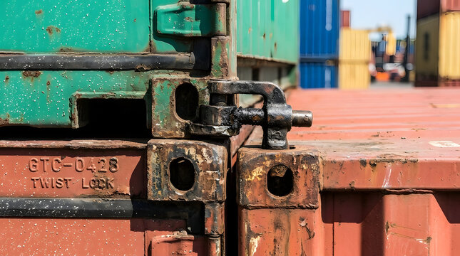 Close-up of Heavy-duty Industrial Twist Lock Mechanism on Rusted Shipping Containers in Cargo Port