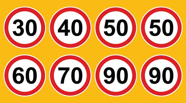 Circular speed limit traffic signs collection featuring bold black numbers on bright white vector graphic design