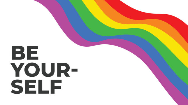 Vibrant rainbow wave vector illustration featuring bold text saying be yourself with a modern flat design