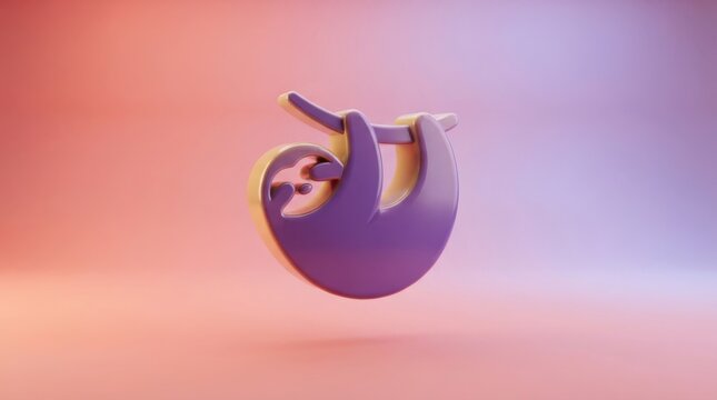 Purple 3D render of a sloth hanging from a branch on a soft gradient background