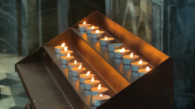 Rows of lit prayer candles glowing in dark church interior, religious devotion concept, close-up video footage. High quality 4k footage