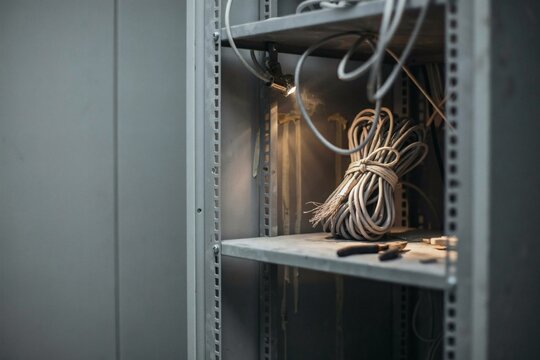 Hand-laced bundle of unlabelled patch leads inside an open server cabinet