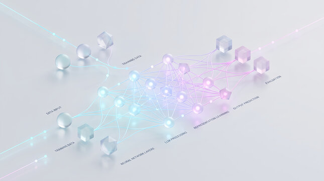 Abstract data visualization with glowing nodes and connections, futuristic digital network architecture, blue and purple neon lights on clean white background
